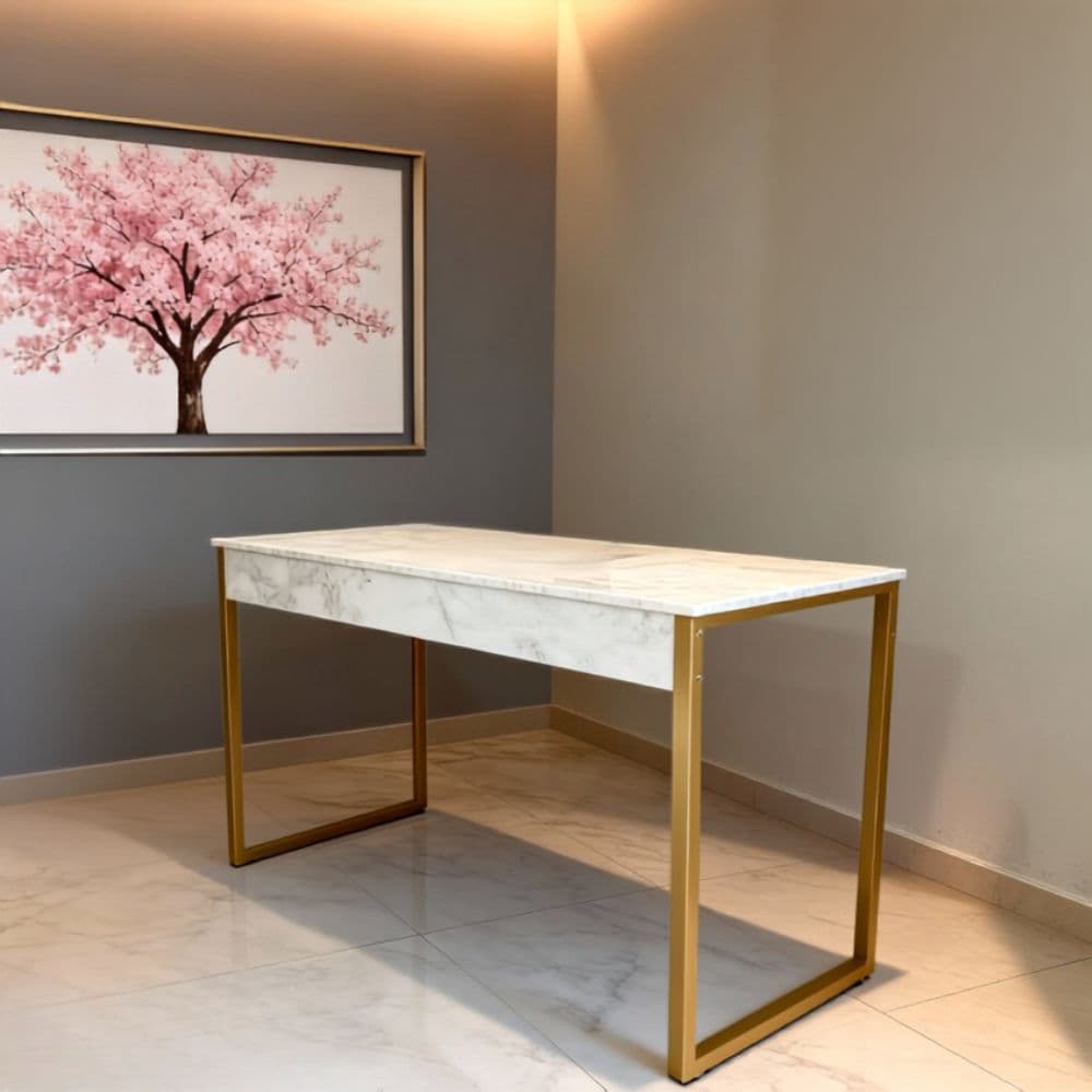 Mesa Escritório 116 cm Estilo Industrial Pé Metal Dourado Escrivaninha Quarto Home Marmorizado MDF