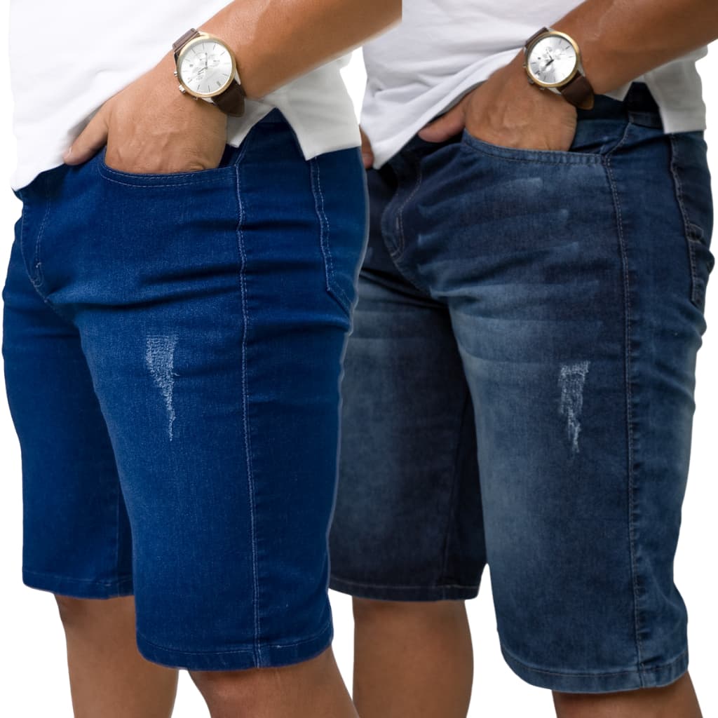 Kit 2 Bermudas Jeans Masculinas Com Elastano | Short Azul Puido e Azul Bigode | Envio Imediato