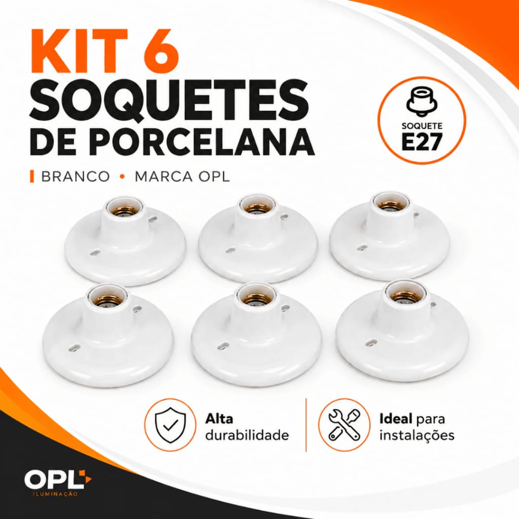 Kit 6 Soquetes Plafon Plafonir Porcelana Branco E27 OPL Para Lâmpada
