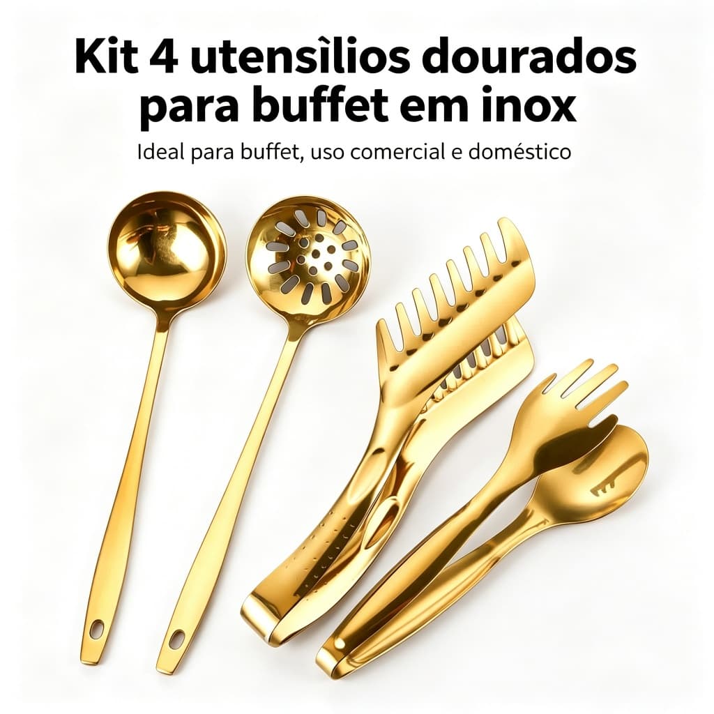 Talheres Kit 4 De Aço Inox Utensílios Pinça para pão, pinça para bife, colher de sopa, escorredor
