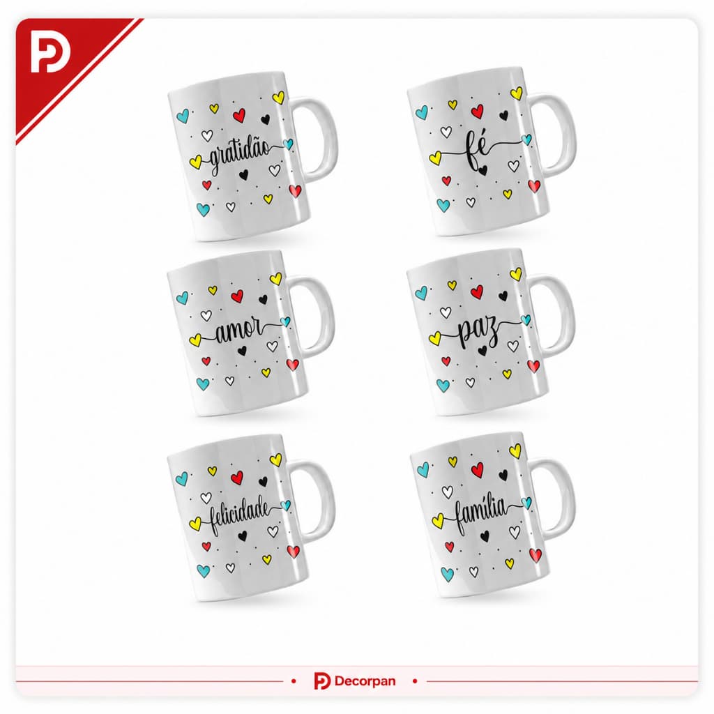 Kit 6 Canecas De Porcelana 120ml - Xicaras Palavras Inspiradoras - Fé Gratidão Felicidade Amor Paz Família