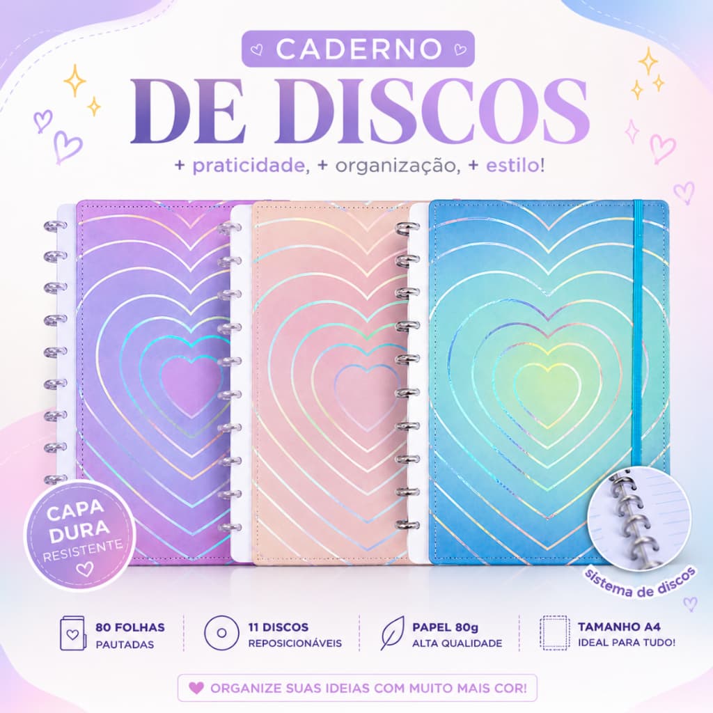 Caderno Inteligente 11 discos pautado A4 80 folhas Caderno Coração