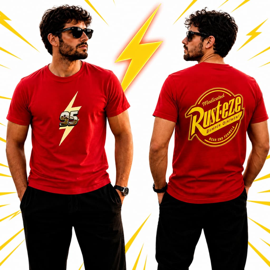 CAMISETA CARROS MCQUEEN RELAMPAGO CATCHAU FRENTE COSTAS RUST-EZE - 100% ALGODÃO PREMIUM 30.1