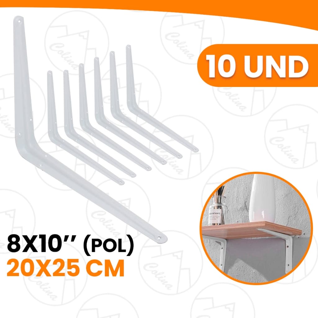 Kit 1 a 10 Mão Francesa Reforçada Cantoneira Metálica Branca 8x10'' 20x25CM Suporta 12KGS  Importadora Util