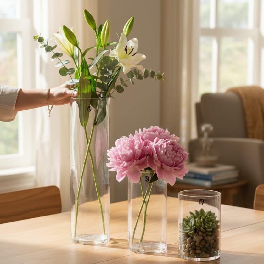 Vaso de Acrílico Resistente a Queda Cilíndrico Decorativo Tubo Transparente Vários Tamanhos