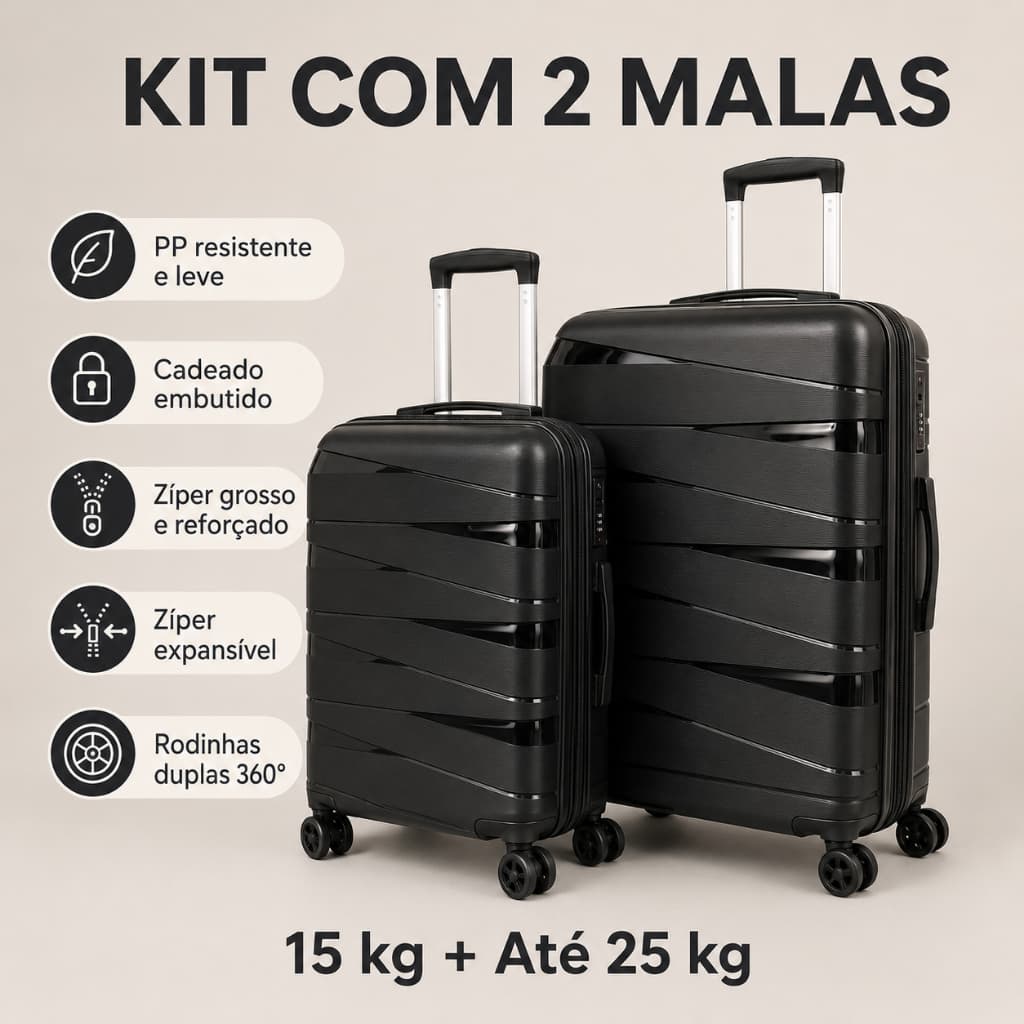 Kit 2 Malas de Viagem PP Rígida 15kg 25kg Média Grande Expansível Cadeado Rodinhas Duplas 360° Despacho