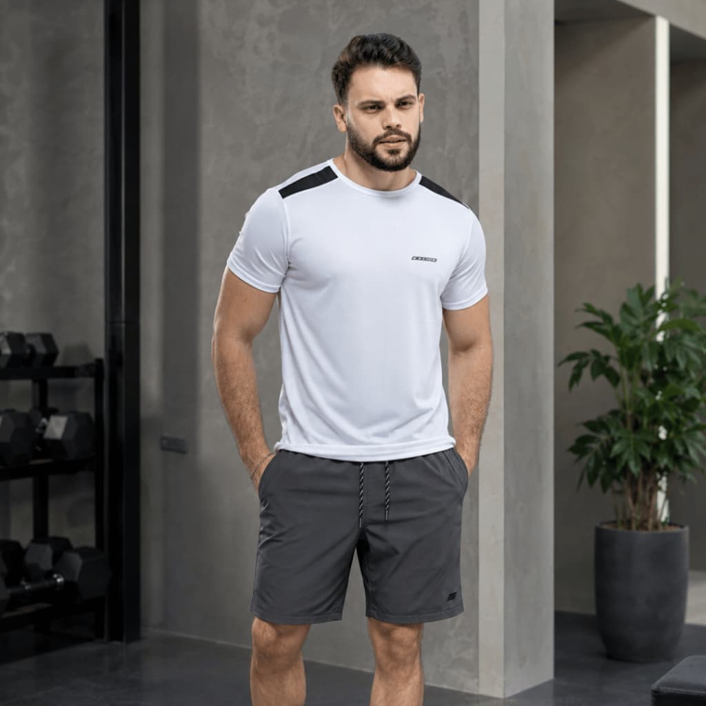 Conjunto Fitness Masculino Camiseta Dry Fit Shorts Tactel Respirável para Treinos Caminhada e Rotina