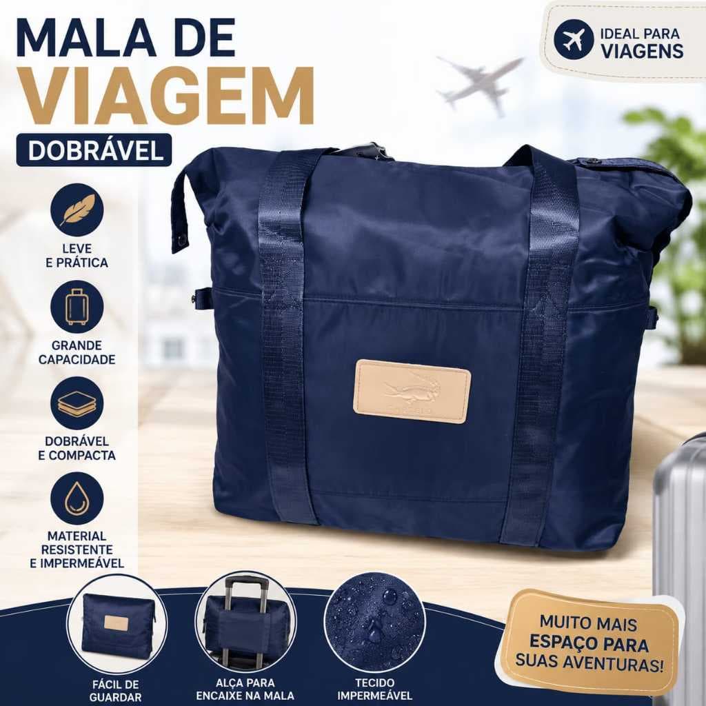 Bolsa Mala de Viagem Dobrável e Espaçosa Impermeável Resistente a Água na Cor Azul
