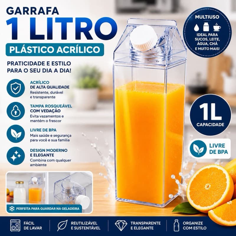 Garrafa Reutilizavel 1 Litro Plástico Transparente Resistência Alta Qualidade Multiuso