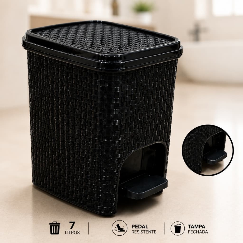 Lixeira Rattan 7 Litros com Pedal Preta Tampa Fechada Banheiro Cozinha Resistente Compacta