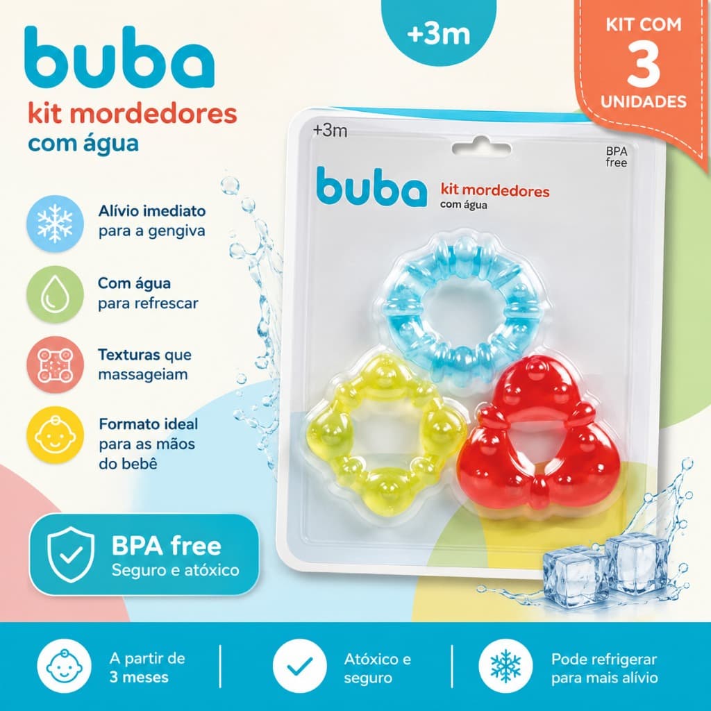 Kit com 3 Mordedor Geométrico De Água Gelado do Bebê Buba