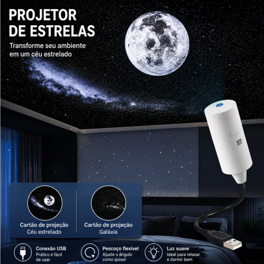 Projetor Luz Noturna de Estrelas e Galáxia USB - Efeito Céu Estrelado para Quarto, Carro e Decoração