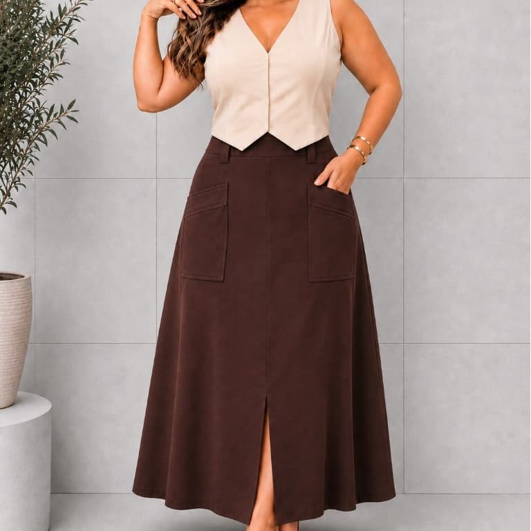 Saia Longa Plus Size Linho Forrada Cintura Alta Social Moda Evangelica
