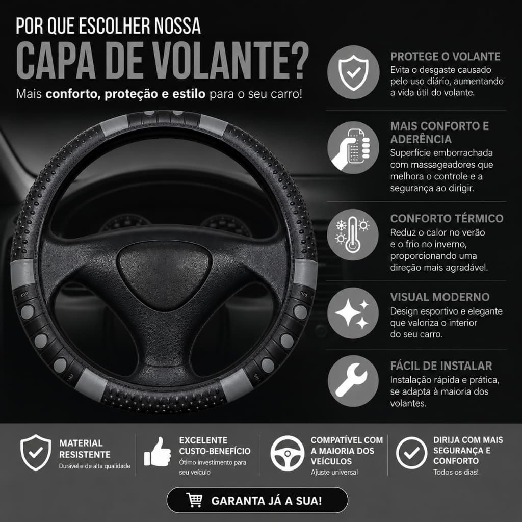 Capa de Volante Emborrachada Universal com Massageador Confortável Fácil Colocação