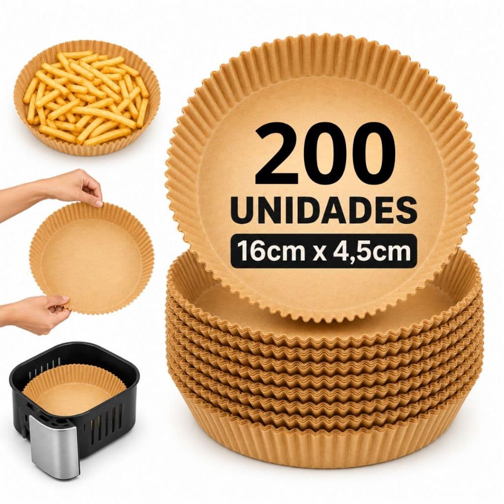 Kit 200 Formas de Papel para Air Fryer 16cm Redondas Descartáveis Antiaderentes Forro Protetor Fritadeira Elétrica