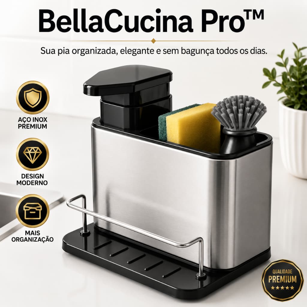 Organizador de Pia Inox para Detergente Esponja e Escova BellaCucina Pro™