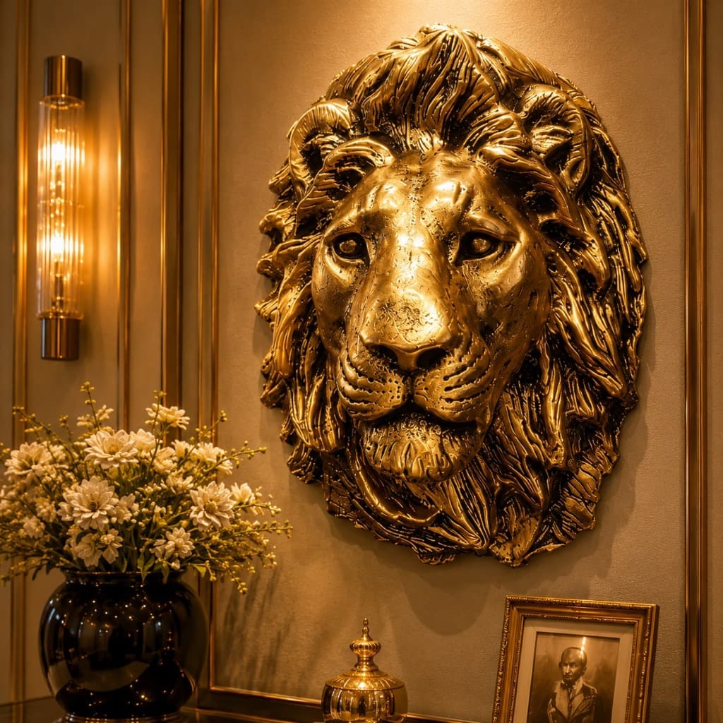 Escultura Leão 3D Realista Grande Enfeites Presentes Dourado Envelhecido