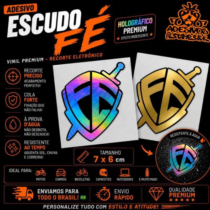 🔥Adesivo ESCUDO FÉ 7x6cm Vinil PREMIUM À Prova D'Água HOLOGRÁFICO Recorte Eletrônico