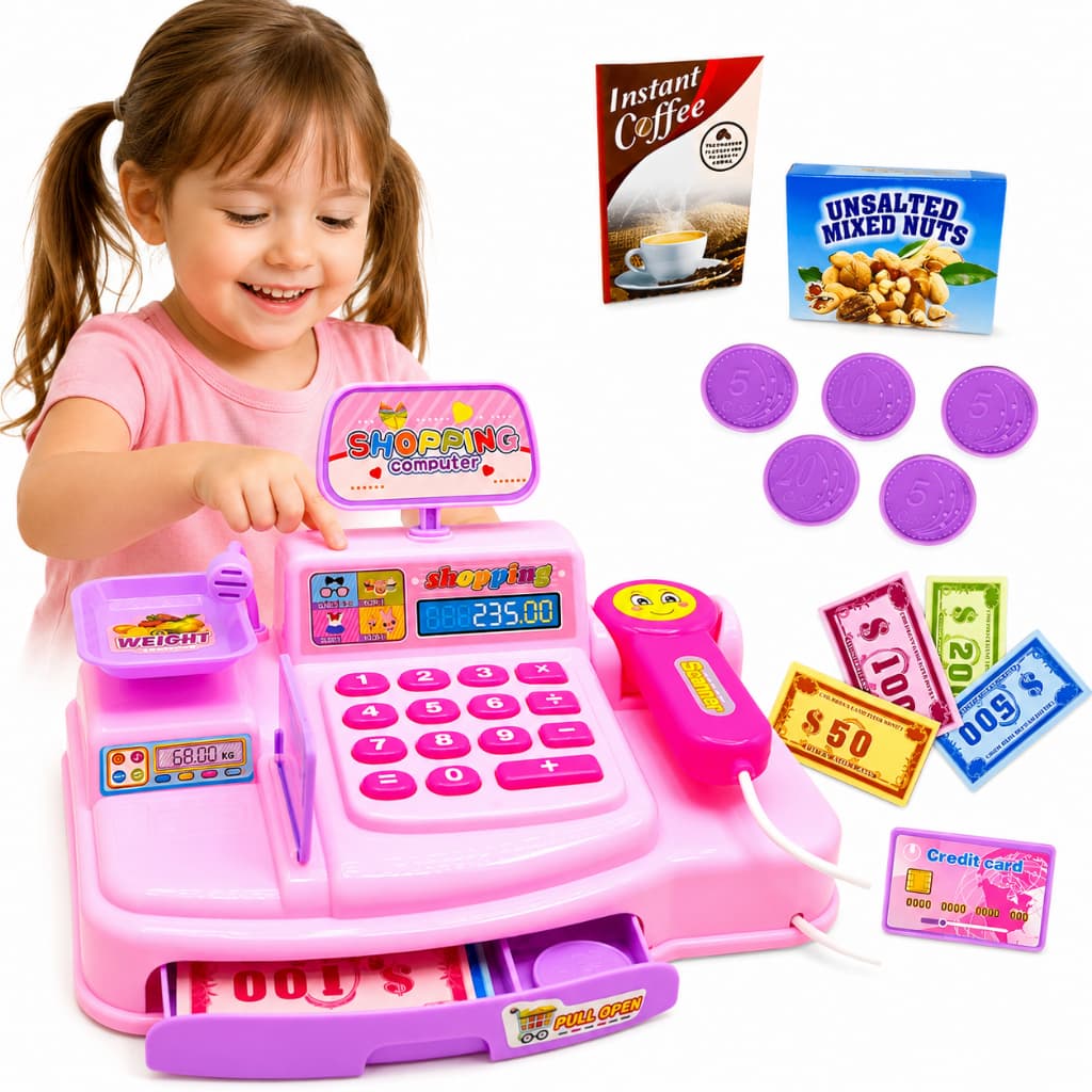 Mini Caixa Registradora Supermercado Infantil Acessorios Notas Moedas Som Mercado Criança