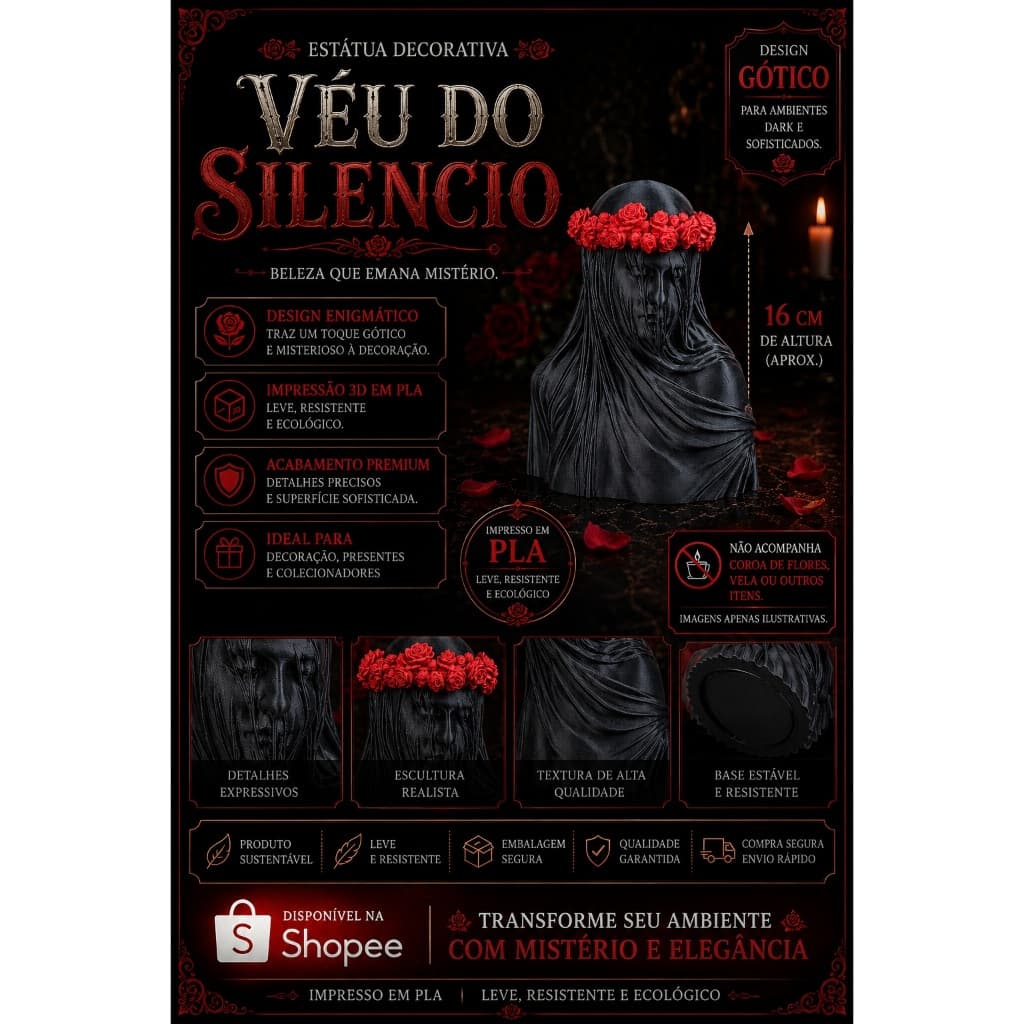 Estátua Gótica Véu do silencio 16cm Escultura Decorativa em PLA Dark