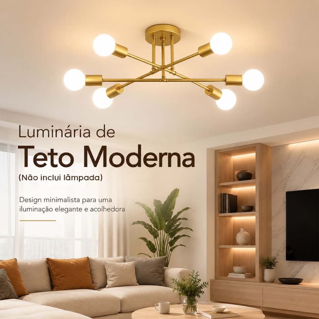 Suporte Lustre Teto Moderno Dourado 6 Bocas E27 | Estrutura Completa Sem Lâmpada para Sala Quarto Decoração