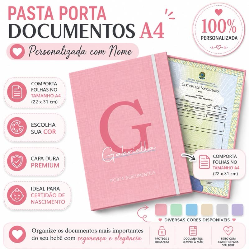 Pasta Porta Documentos Personalizada A4 com Nome | Certidão de Nascimento | Organizador de Documentos Bebê Infantil