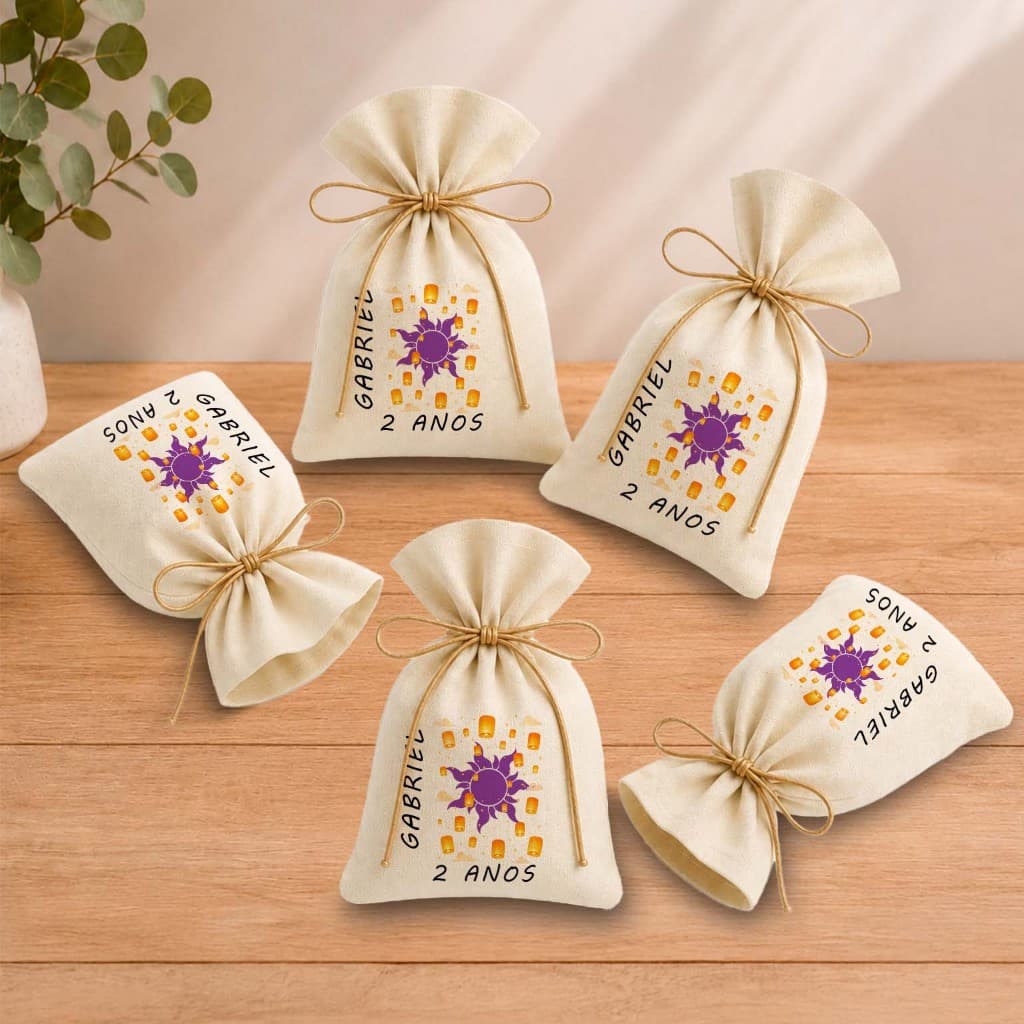 Kit 20 Saquinhos Lembrancinha Personalizada Festa Infantil Aniversário Enrolados Sol Roxo 11x17