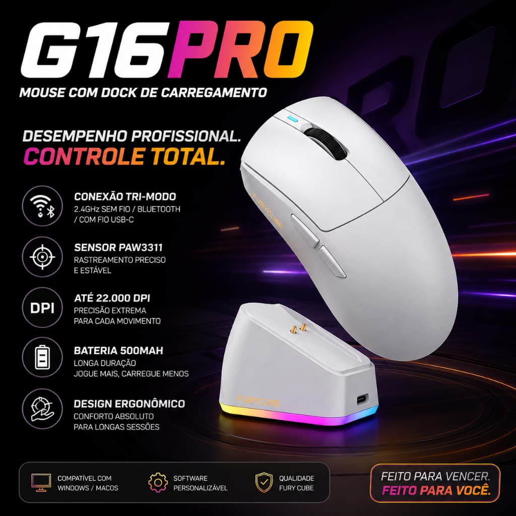 G16PRO MOUSE Escritório sem fio Baixa Latência software PAW3311 22000DPI 56g 500mah Com Base de Carregamento PC Notebook