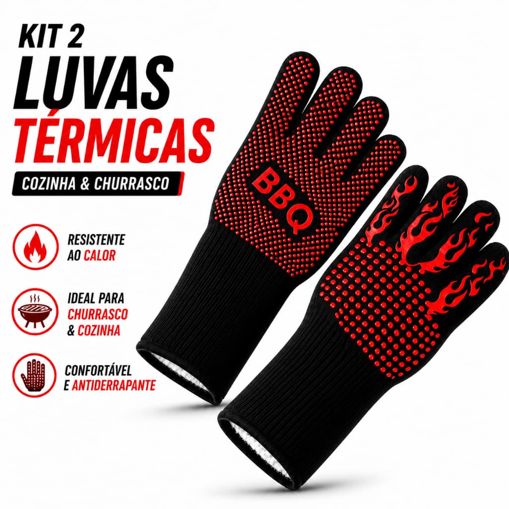 Luva Térmica BBQ Resistente ao Calor para Churrasco, Forno, Air Fryer e Cozinha Antiderrapante
