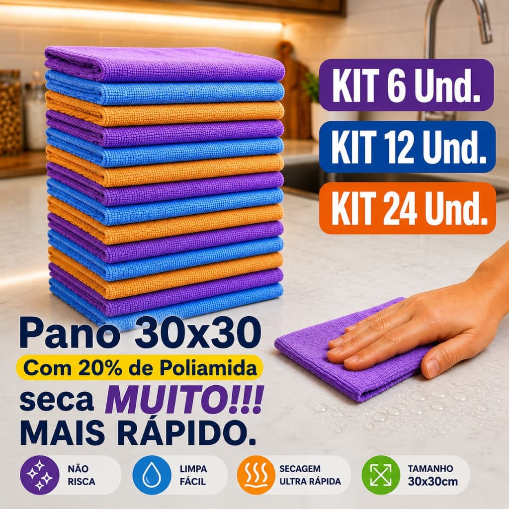 Pano de microfibra multiuso 30x30cm kit com 24 unidades para limpeza geral