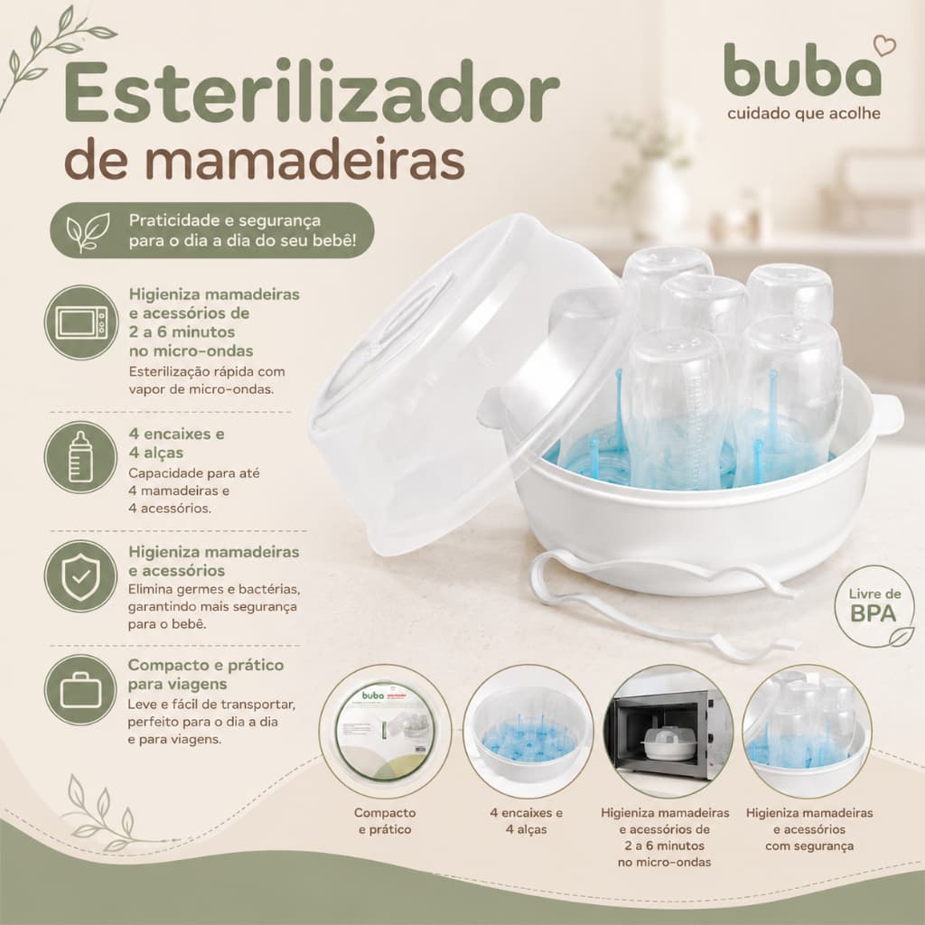 Esterilizador De Mamadeira Para Microondas Buba Limpa Mamadeiras e Chupetas