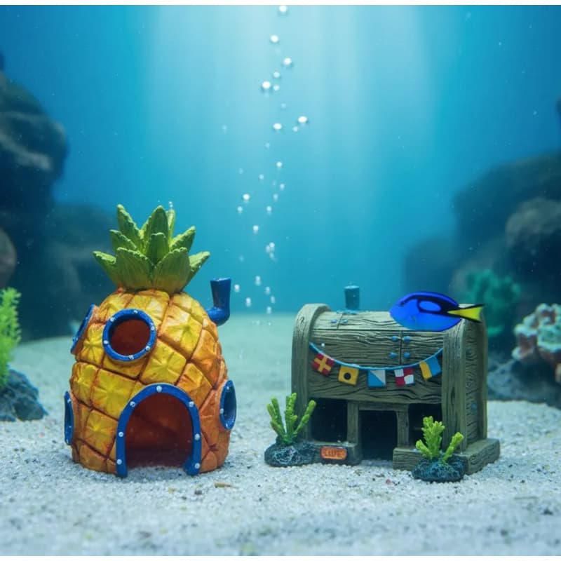 kit Enfeite De Aquário Fenda Do Biquíni Bob Esponja Casa Abacaxi + Lanchonete Siri Cascudo