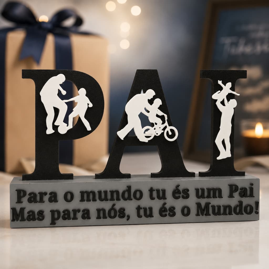 Escultura Pai e Filhos Decorativa 3D Presente Dia dos Pais Enfeite de Família 18,5 cm