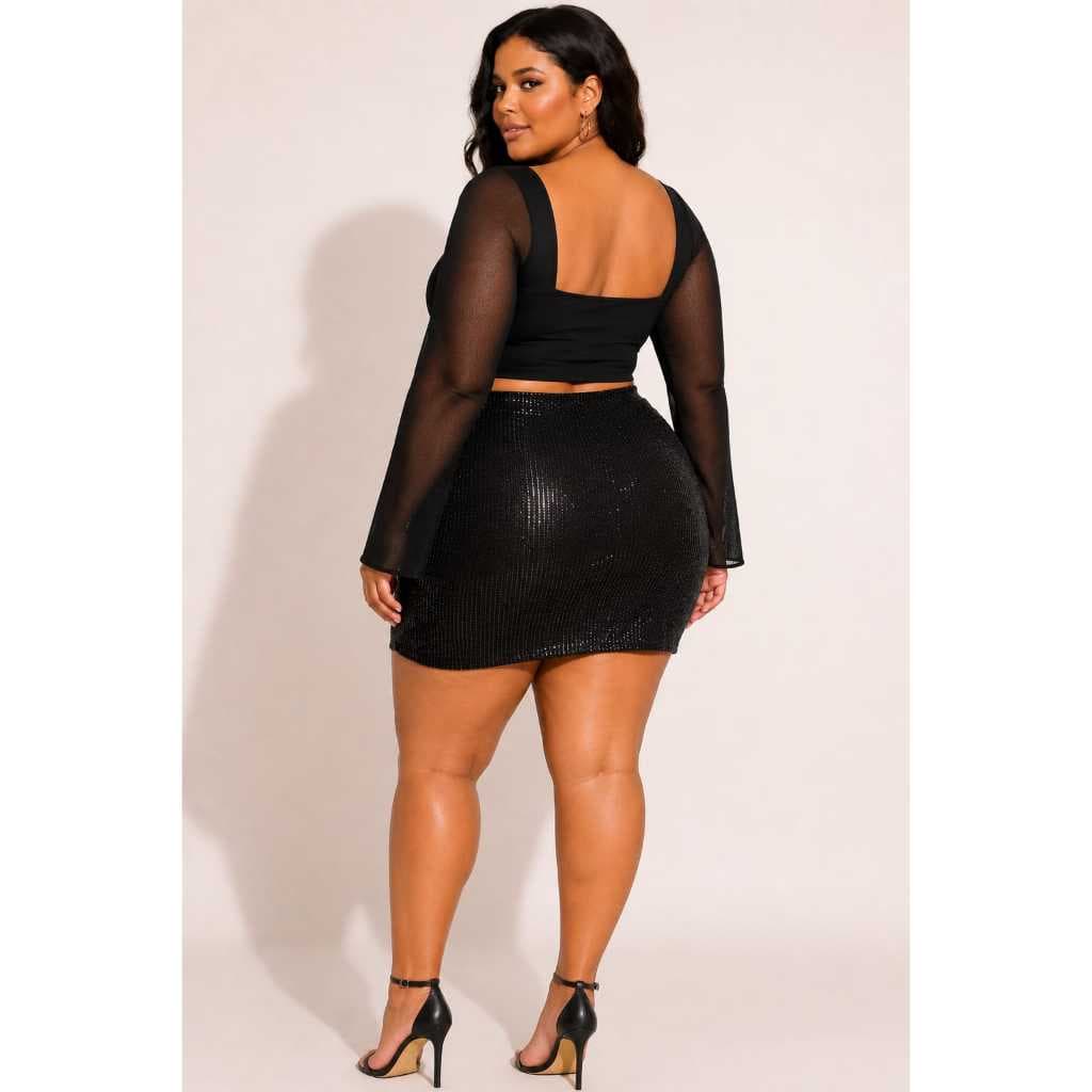 Mini Saia Feminina Plus Size em Paetê com Brilho Cintura Alta