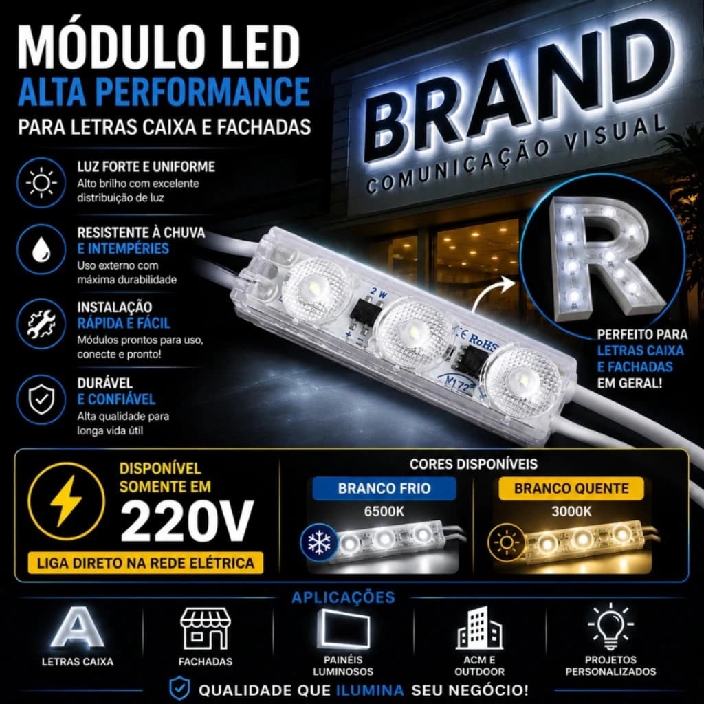 Kit 20 Peças Módulo de Led 2835 Injetado 220v Direto na Energia IP67 1,5 watts