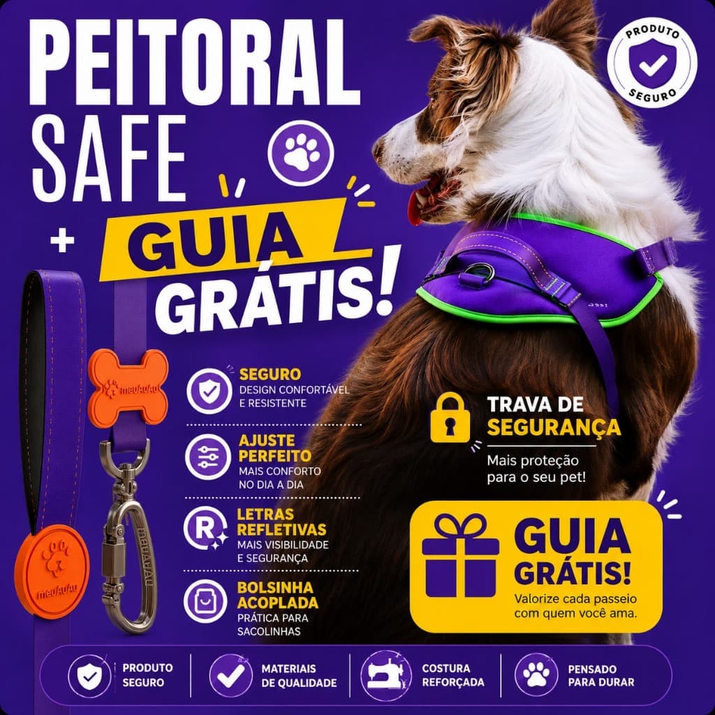 Peitoral meuAuAu 3 em 1: Peitoral + Guia GRÁTIS + Cata Caca Mais Disciplina para Seu Cão!