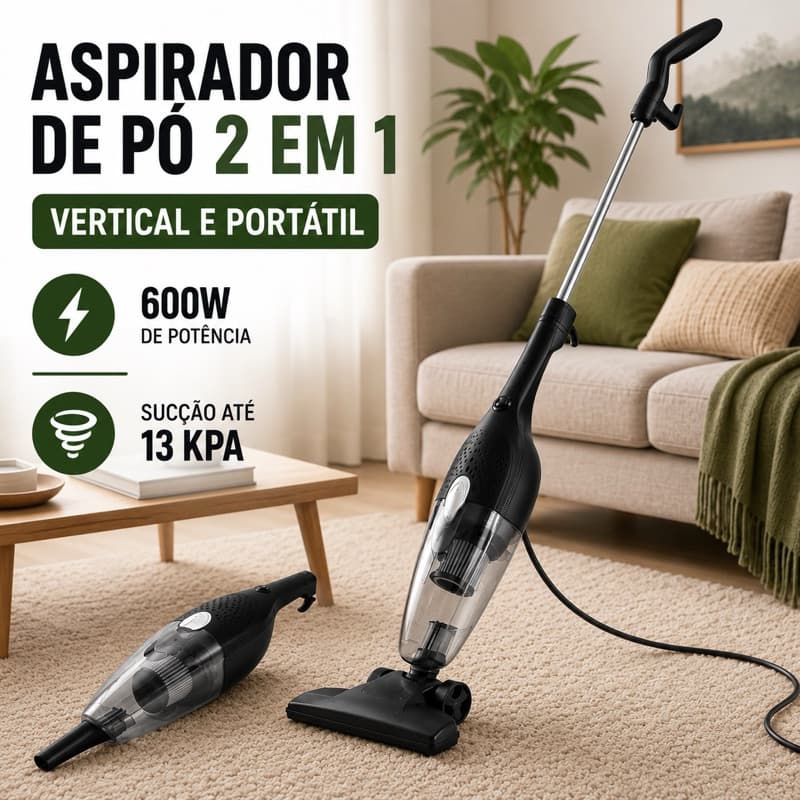 Aspirador de Pó 2 em 1 Vertical e Portátil 600W com Fio Sucção Forte 13KPa 110V Reservatório 1,2L
