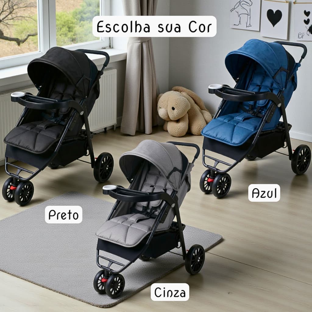 Carrinho de Bebê Passeio Assento Acolchoado Reclinável Até 20kg Com Porta Copos +BRINDE