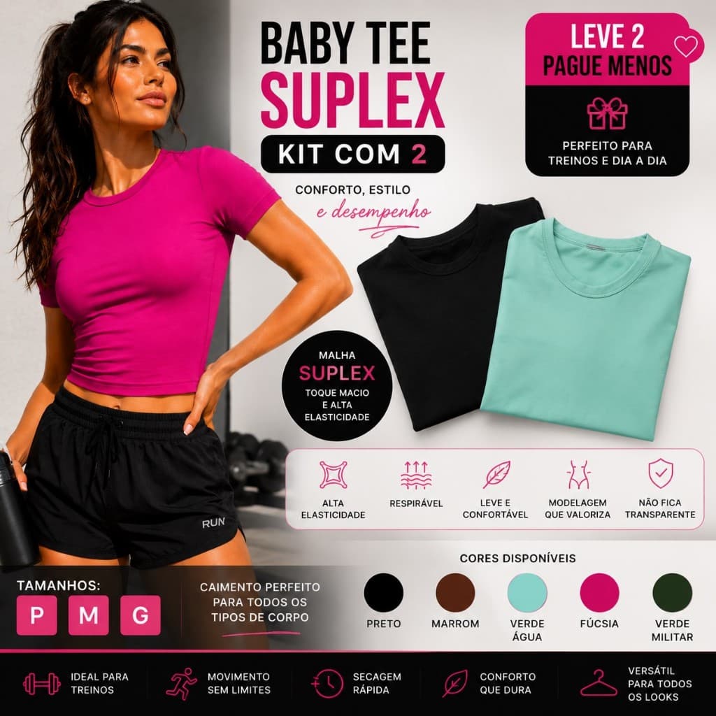 Kit 2 Baby Tee Feminina Slim Confortavel Manga Curta Academias Crossfit Varias Cores Suplex Blusinha Dia a Dia Basica