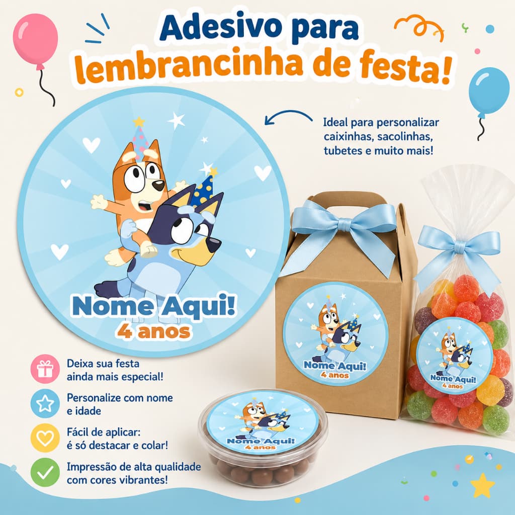 Adesivo Redondo Bluey e Bingo 4cm Rótulo Decorativo para Festa, Lembrancinhas e Personalizados