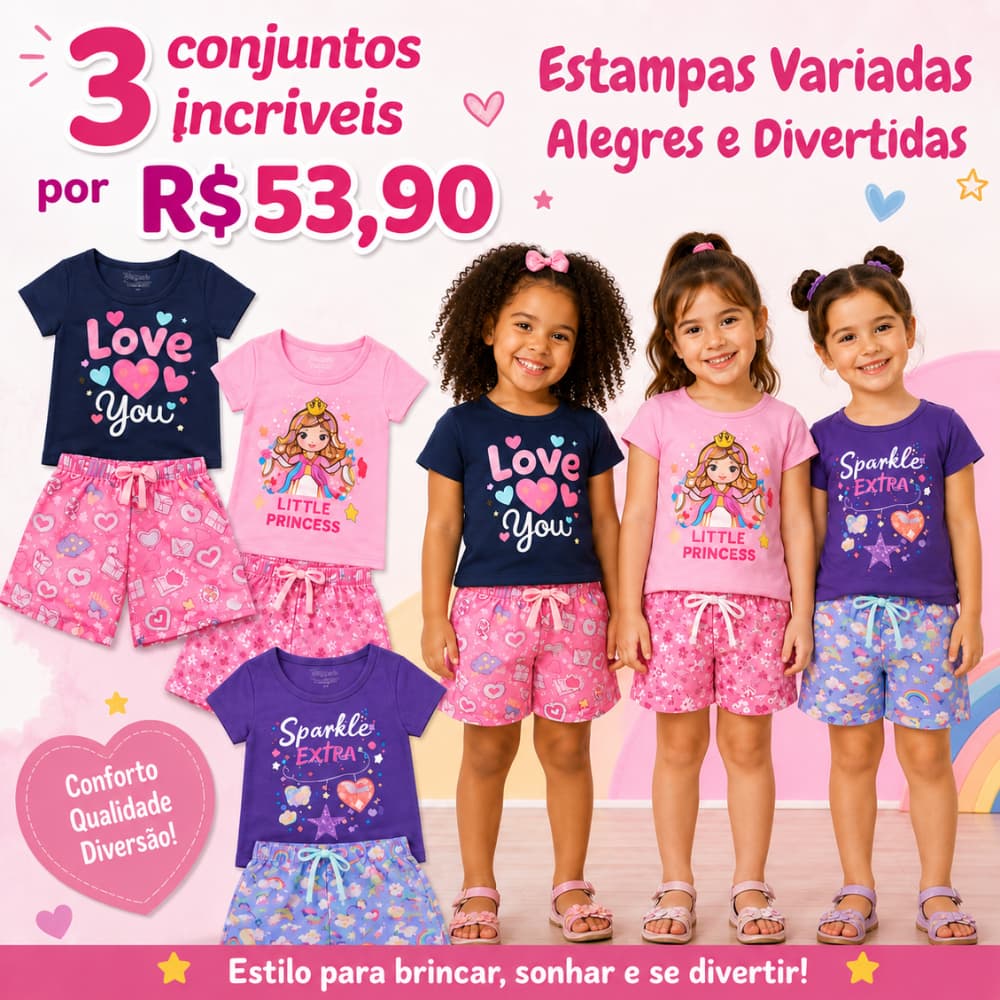 Kit 6 Peças de Roupas Infantil 3 Conjuntos Menina Verão