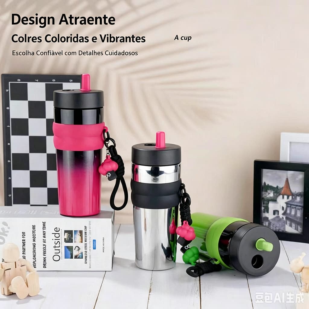 Copo Garrafa Térmica 700ml em Aço Inoxidável com Tampa e Canudo, Portátil para Bebidas Quentes e Frias