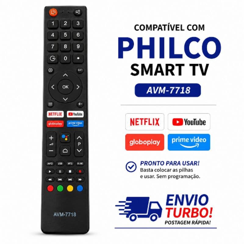 Controle Remoto Compatível Phi....co Smart TV AVM-7718 Netflix YouTube Globoplay Prime Video Pronto Para Uso