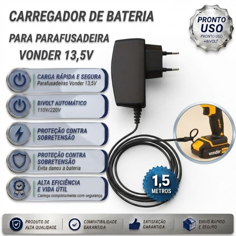 Carregador de Bateria para Parafusadeira Vonder 13,5V/ Furadeira