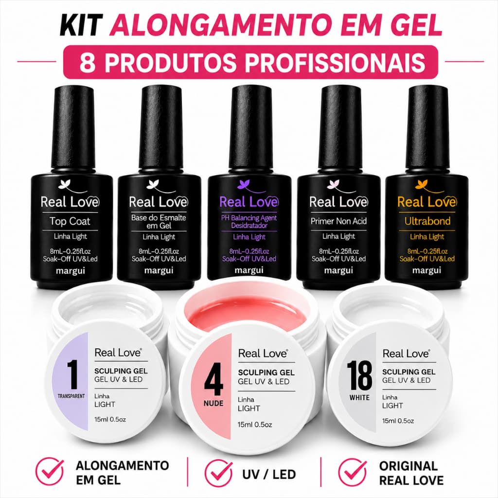 Kit Blindagem Alongamento e Modelagem para Unhas em Gel Real Love UV LED