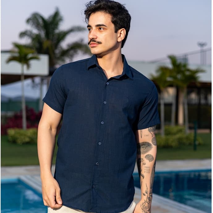 Camisa Social Masculina Manga Curta 100% Algod茫o Trama Linho Confort谩vel Praia