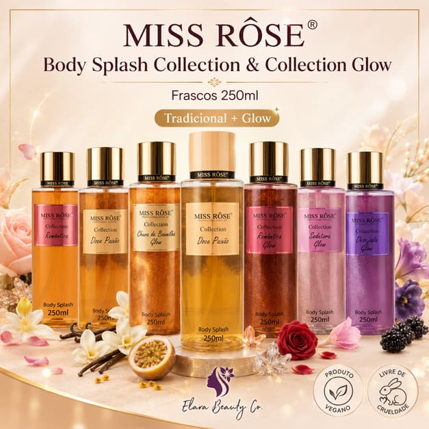 Body Splash Miss Rôse 250ml Collection e Glow Feminino Perfumado com Brilho Fragrâncias Variadas