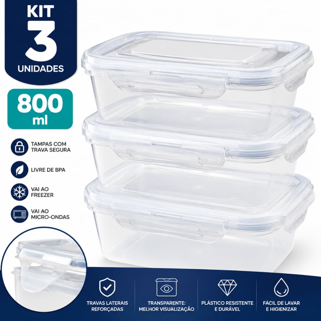 Jogo Marmitas 800ml com Trava Kit Potes Herméticos Fitness Laváveis Freezer Micro-ondas BPA Free