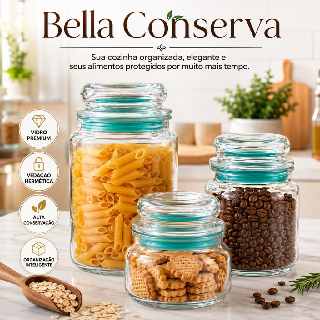 Bella Conserva Kit Potes Herméticos de Vidro com Tampa Hermética e Vedação – Organizador para Mantimentos, Grãos, Massas
