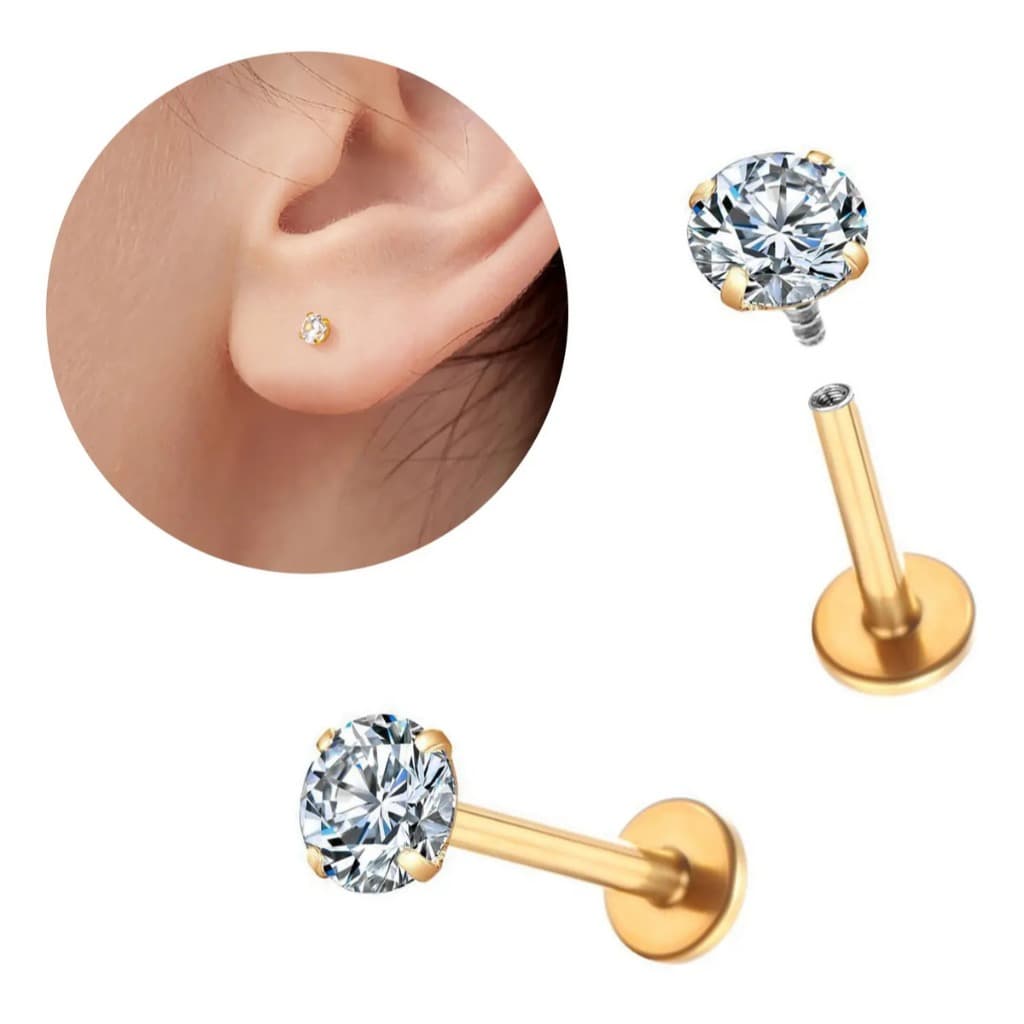 Kit Piercing Labret Titânio Ponto De Luz Grau de Implante Helix Tragus Conch Boca Orelha Aço Cirúrgico Dourado Prata